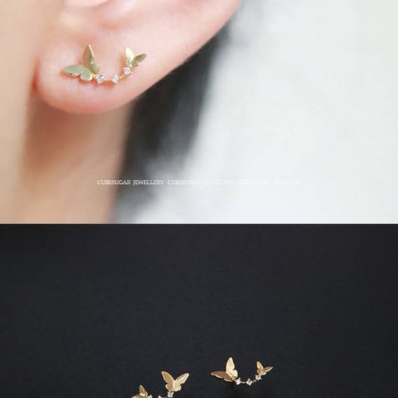 Gold Vermeil Butterfly Earrings Studs Dainty Minimal Minimalist Earrings for her - Picture 3 of 6